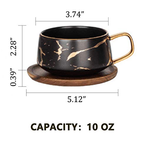 ENJOHOS 10 Oz Ceramic Tea Cup Coffee Cup Set with Wooden Saucer European Golden Hand Cup Saucer Set(Black) - Thumbnail 7