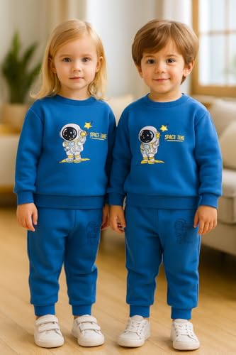 Image of Bold N Elegant Kids Fleece Lined Winter T-Shirt Jogger Set Warm Sweatshirt Pants | Stylish Astronaut Print Winter Co-ord Set for Infant Toddler Teedler Boys n Girls