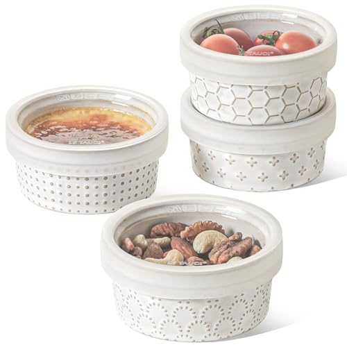 LE TAUCI Ramekins Oven Safe with Lids, 4 oz Charcuterie Boards Bowls Set for Creme brulee, Souffle, Dipping Sauces, Ceramic Food Storage Containers - 3.8 inch, Set of 4, Arctic White