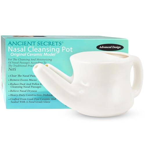 ANCIENT SECRETS Neti Pot Sinus Rinse + Pre-Measured Cleansing Salt Pack – Dishwasher-Safe Ceramic Model, Patented Ergonomic No-Leak Design, Nasal Cleansing Pot, Nasal Irrigation