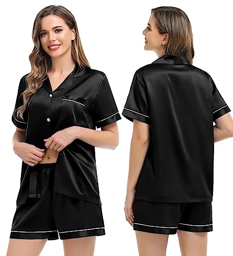 Image of SWOMOG Silk Satin Pajama Set for Men Short Sleeve Sleepwear Button Down Pj Set Classic Loungewear Black, Medium
