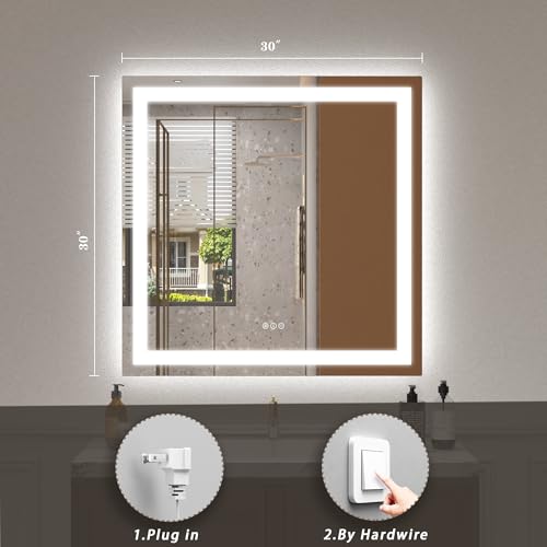 Image of 30 x 30 Lighted LED Bathroom Mirror for Wall, Square Vanity Mirror with Lights, Dimmable, Anti-Fog, Shatter-Proof, Memory, ETL Listed (Front Lights + Backlit)