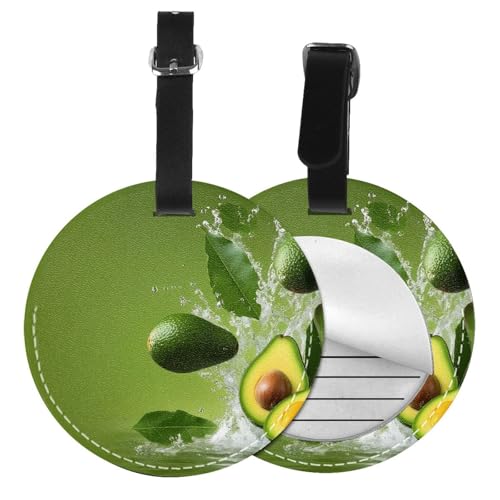 Nuzjahu Friut Avocado Print 2 Pcs Luggage Tags for Suitcases PU Leather Round Travel Bag Tag with Privacy Cover & Name ID Tag Address Card for Cruise Airport Travel