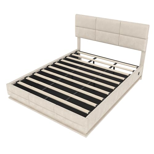 Polsterbett Doppelbett 180x200, LED Jugendbett Hydraulisches Stauraumbett mit Stauraum&USB Ladefunktion, Funktionsbett Bettgestell mit Höhenverstellbarem Kopfteil&Lattenrost, Samt, Ohne Matratze,Beige