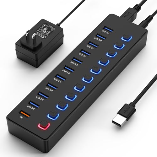 USB hub，Powered USB hub, 11-Port hub Splitter，10 USB 3.0 Data Transfer Port + 1 Smart Charging Port,Independent Switch (with LED Working Indicator) USB 3.0 Hub Powered with Power Adapter for Mac/PC