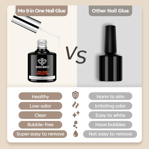 Image of Modelones 10 in One Nail Glue Polish Set Brush On Gel Nail Glue 15ml for Rhinestone, Base Gel, Blooming Nail Art Gel Nail Kit Strengthener Treatment for Weak and Damaged Acrylic Nails U V Lamp Needed