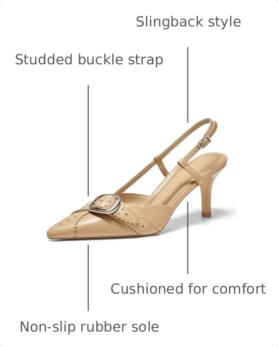 Image of Coutgo Womens Slingback Kitten Heels Studded Closed Pointed Toe Pumps with Buckle Party Dress Shoes