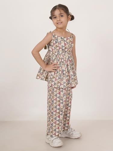 Image of FABRIC FITOOR Kids Cotton Grey Colour Geomatric Print Top & Palazzo Set /Co-ord Set For Girls