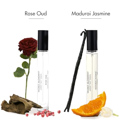 Image of Secret Alchemist The Alchemy Duo Eau de Parfum (EDP) 2 x 10ml | Clean, Long Lasting Discovery Set | Madurai Jasmine & Rose Oud | Floral & Woody Fragrances for Men & Women | Luxury Gift Set | Travel Size Up to 300 Spritz