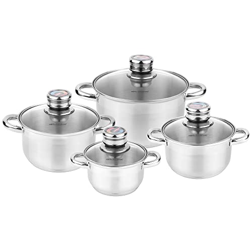 Batería De Cocina Acero Inoxidable, 8 Piezas, Inducción, Tapas Cristal, Todo Tipo De Cocinas Acero Inoxidable - Florina En Oferta Florina Pablo Batería De Cocina Acero Inoxidable, 8 Piezas, Inducción, 4 Cacerolas, 4 Tapas De Cristal Con Termómetro, Apta Para Todo Tipo De Cocinas, Apta Lavavajillas, 5K3939