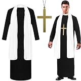 Jiuguva 3 Pcs Halloween Priest Costume for Men Adult with Father Robe White Stole Cross for Halloween Dress up Party(Medium)