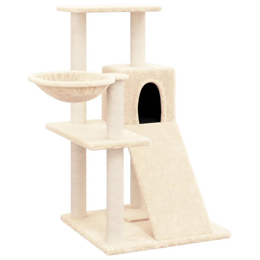 Árbol rascador con columnas de sisal y hamaca, color crema, 82 cm | Torre de escalada para gatos compacta para el salón con cueva, hueco para tumbarse y resistente posibilidad de arañazos.