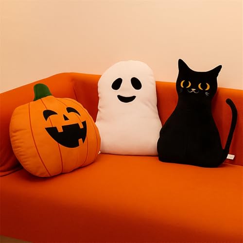 Percozzi Halloween Ghost Pillow, Sofa Decorative Throw Pillow, Cuddly Pumpkin Black Cat Shaped Stuffed Pillow, Furry Spooky Ghost Plush Modern Home Decor