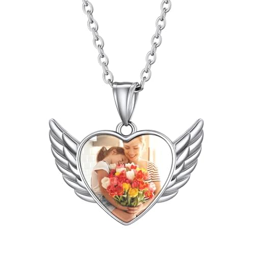 Custom4U Heart Necklace Picture Pendants for Men Wings Necklace Gold Pendant for Women Angel Wing-Silver 20 Inches