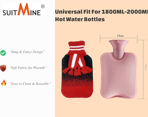 suitmine 2L Hot Water Bottle Cover Soft Knitted Cover Only for Pain Relief Hot and Cold Therapy,Hands Feet Abdomen and Neck Warmer,Black-red