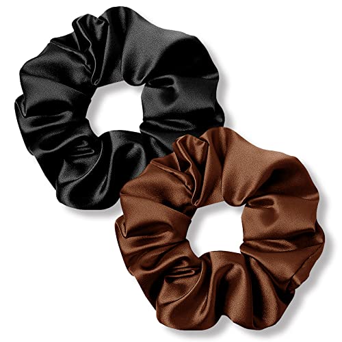 Combofix 2Pcs Silk Scrunchies Mulberry Silk Hair Ties Cute Large Scrunchie Elastic Bands Thick Curly Hair Black Brown Ponytail Fixing Hair Tie Suitable for Girls of all ages