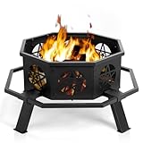 35in Outdoor Octagonal Fire Pits,Portable Metal Wood Burning Firepit,Outside Bonfire Fireplace,Modern Large Camping Fire Bowl,with Fire Poker,for Patio Garden Campfire Party Backyard (Black)