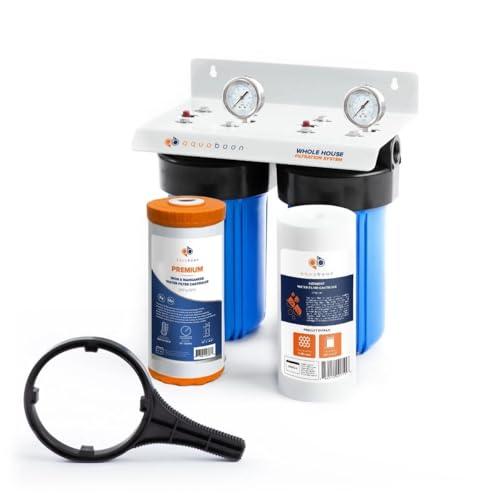 Aquaboon 2-Stage Water Filter System for Well Water with 5 Micron 10x4.5 Reducing Sediment and Iron &amp; Manganese Water Purification Filters, Pressure Gauges, Wrench, Iron Bracket