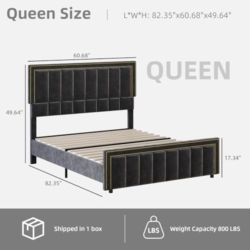 Image of BarnFurin Queen Size Bed Frame, 50 inch Tall Headboard & Footboard, Chenille Fabric Upholstered Bed with Vertical Tufting & Nailhead Trim, No Box Spring Required, Black