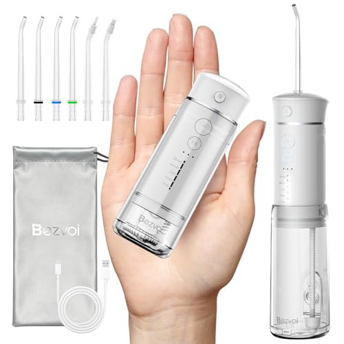 Bezvoi Water Flosser Cordless Travel Mini Oral Irrigator with Telescopic Water Tank 5 Modes 6 Jet Tips IPX7 Waterproof Electric Portable Water Teeth Cleaner Picks for Braces Bridges Care