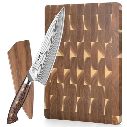 HEZHEN Cuchillo de Chef de 67 Capas de Acero Damasco, Cuchillo de Cocina Afilado con Funda de Cuchillo con Tabla de Cortar de Madera de Acacia