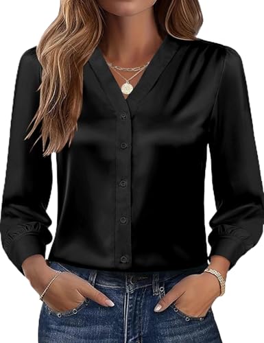 Rapbin Womens Button Down Shirts Dressy Casual Satin Silk Long Sleeve V Neck Tops Business Office Work Blouses 2025