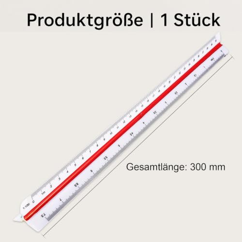 AJKQNMA 30cm Dreikantmaßstab aus Kunststoff, Rot Dreikantlineal mit 6 metrischen Skalen 1:20 1:25 1:50 1:75 1:100 1:125, Präzisionsmaßstab für Architekten Ingenieure