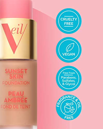 Veil Cosmetics | Sunset Skin Liquid Foundation | 2P | Buildable Coverage | Water-Resistant, Hypoallergenic, Oil-Free, Cruelty Free & Vegan | Lightweight & Brightening | Long Lasting | All Skin Types #TOP6