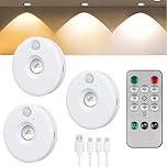 3Pack Puck Lights with Remote USB Rechargeable Under Cabinet Kitchen Wireless Lights Timing Function LED Puck Dimmable Stick on Push Lighting for Cupboard Wardrobe Display Shelf 3 Colour Temperatures
