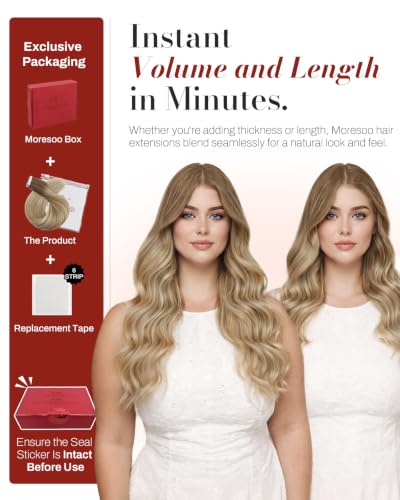 Image of Moresoo Tape Ins Human Hair Extensions Ash Brown Blonde 16in 40Pcs 100g | Blonde tape in extensions, added density, fine blonde ribbons, straight strands for brushed-out waves and event styling