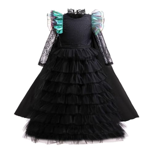 Lito Angels Disfraz Elphaba para Niña Vestido Largo Negro con Capa Mangas de Encaje Estilo Gótico Halloween Fiestas Temáticas Talla 5-6 años