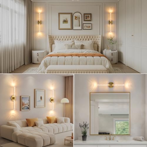 Image of Battery Operated Wall Sconces Set of Two, Gold 20'' Rechargeable Crystal Bubble Wall Sconce with Remote Control, 3000K-6000K Dimmable LED Wireless Wall Lights for Living Room Bedroom Bathroom Hallway