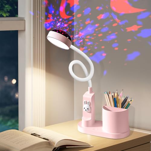 Leikurvo lampe de bureau LED pour enfant avec porte-stylo - Intensité variable - Rechargeable - 360° réglable - Col de cygne - Projection d'étoile (rose)