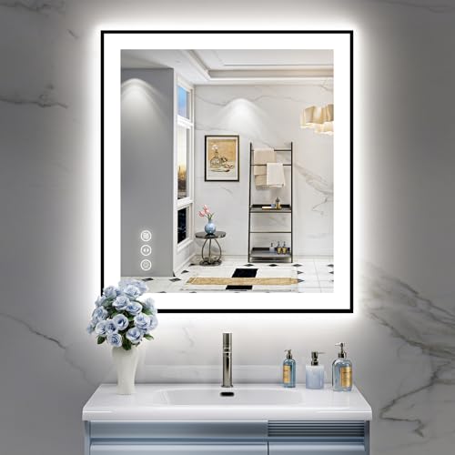 Image of 32x36 Black LED Bathroom Mirror Backlit & Front Lit Lighted Mirror | Anti-Fog Vanity Mirror with Lights, 3 Color Dimmable, Memory, Shatter-Proof, Tempered Glass, CRI95, UL Listed, Wall Mounted