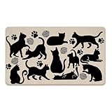 Livcoz Black Cat Silhouette Welcome Front Door Mat, Paw Prints Yarn Ball Decorative Doormat Non-Slip Floor Entryway Rug Pet Owner Lover Gift, Low Profile Indoor Outdoor Home Kitchen Decor 17x29 Inches