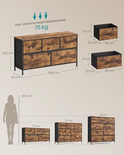 SONGMICS Kommode, Schrank, 5 Stoffschubladen, Aufbewahrungsschrank, Stahl, MDF, Vliesstoff, für Schlafzimmer, Flur, Wohnzimmer, vintagebraun-tintenschwarz LGS322BH04