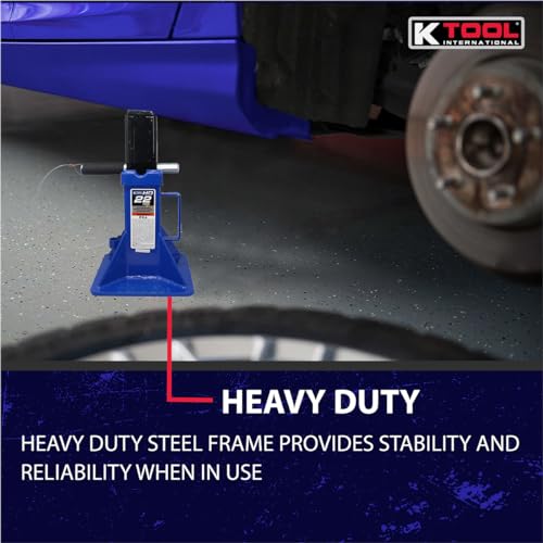 K Tool International HD61222 22 Ton Automotive Jack Stands for Garages, Repair Shops, and DIY, Pin Style, V Shaped Saddle, Heavy Duty Steel Frame, Adjustable Height 11.825\"- 19.725\", Black/Blue, Pair - Thumbnail 6