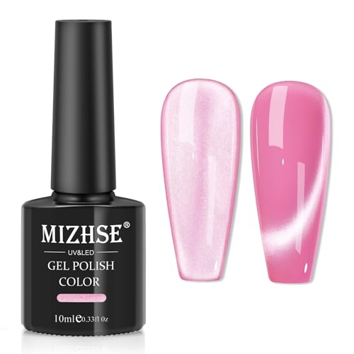 MIZHSE Cat Eye Gel Nail Polish, Rose Pink Glass Magnetic Gel Polish with Magnet Stick, Trendy Salon Shimmer Nail French Soak Off Manicure Home