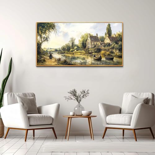 ERQINHUA Wood Framed Wall Art For Living Room Large Canvas Wall Decor For Bedroom Vintage Watercolour Painting Office Home Decoration Countryside Scenery Wall Picture Artwork Ready To Hang 20x40 In