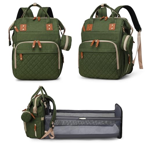 Fexkean Nappy Changing Backpack,Waterproof Multi-Function Large Capacity Diaper Baby Travel Bag with Bed 3 in 1 Foldable Crib Unisex for Mom and Dad(Grass Green)