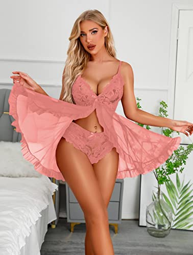 Thisrose Women Lingerie Lace Babydoll Chemise Ruffle Nightgown Sleepwear Rose Pink #TOP3
