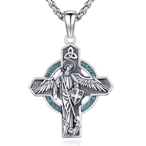 StoryEtain St Michael Cross Necklace 925 Sterling Silver Saint Michael Pendant Necklace Religious Patron Saint Catholic Jewelry Gift for Men Women