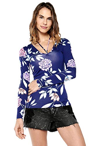GUESS Women's Long Sleeve Pearl Top, Cosmic Floral deep Ink, L