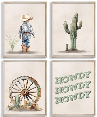 Image of Western Howdy Cowboy Hats Cactus Desert Boho Beige Wall Art Prints for Cowboy Nursery Decor and Baby Boy Room Decor and Kids Room Decorations and Boys Room Decor,Set of 4(8"x10"inch,Unframed).