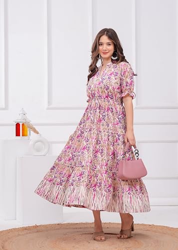 Image of Women's Floral Print Anarkali Kurti | Flared Long Maxi Kurta in Soft Cotton Fabric | Elegant Ethnic Wear for Casual & Festive Use | Anarkali Gown for Girls | 48 inch Length