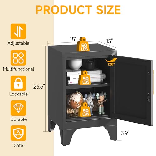 Image of 23.6 inchH Black Metal Locker Nightstand with 1 Lockable Door and 1 Adjustable Shelf, Small Storage Cabinet with Detachable Legs and Vintage Handle for Home Office,Living Room or Bedroom,Easy Assembly