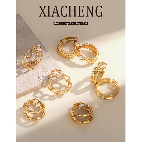Image of Gold Clip On Hoop Earrings for Women, 18K Gold Plated Eco-Friendly Alloy Non-Pierced Ear Clips, Hypoallergenic Sustainable Fashion Jewelry for Daily & Party Wear