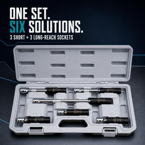 Image of AEROFORCE 6PCS 3 /8 inch Drive Magnetic Swivel Spark Plug Socket Set, Thin Wall | Includes 9 /16 inch, 5 /8 inch, 16MM, 14MM Sockets with Extensions, Magnetic Core, 360 Swivel for Effortless Spark Plug Replacement