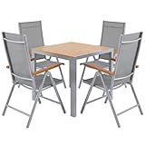 LIFERUN Alu Gartenmöbel Set 5-TLG, Balkonset 4 Stühle 1 Tisch, WPC Gartentisch + 4er Hochlehner Gartenstuhl Klappbar Wetterfest Aluminium Balkonmöbel für Veranden, Terrassen, Teakbraun+Hellgrau5pcs
