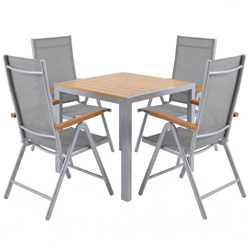 LIFERUN Lot de 5 Salons de Jardin Balcon en Aluminium, 4 Chaises Pliantes Réglables à Dossier Haut + 1 Table Carrée en WPC, Mobilier Extérieur Résistant aux...